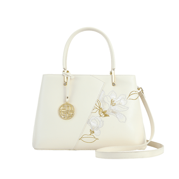 Embroidery Leather Magnolia Tote Bag Elegant Women Handbag with Scarf