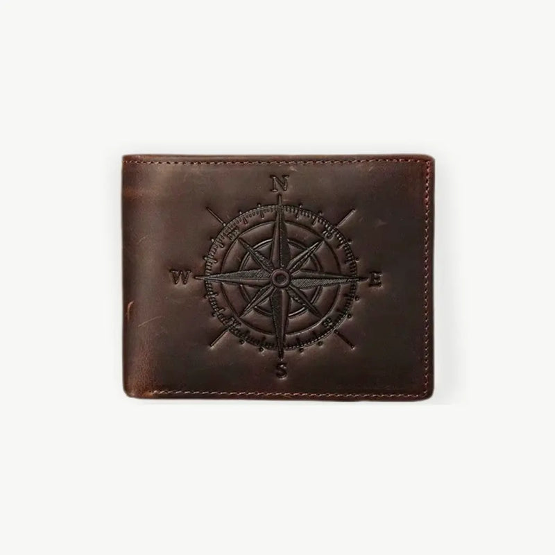 Compass Embossed Vintage Crazy Horse Leather Wallet - Brown