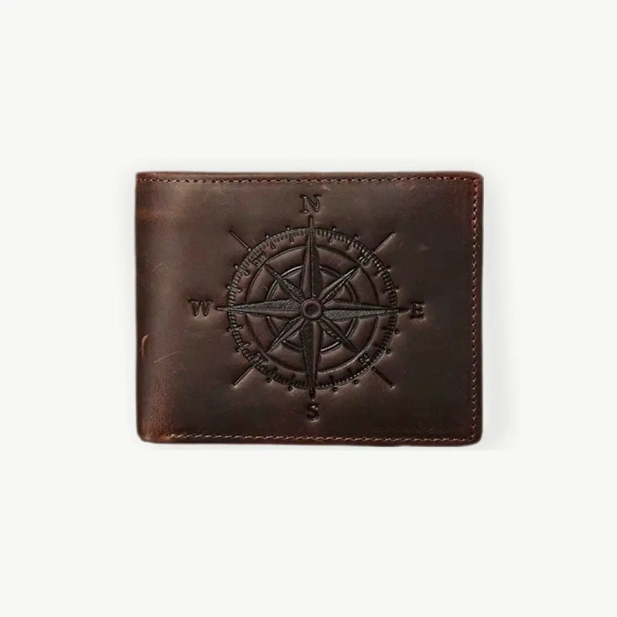 Compass Embossed Vintage Leather Wallet | RFID Blocking Crazy Horse Bifold — The Signature Detail