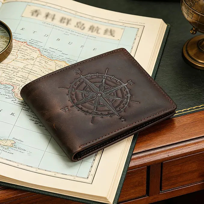 Compass Embossed Vintage Leather Wallet | RFID Blocking Crazy Horse Bifold — A Closer Look