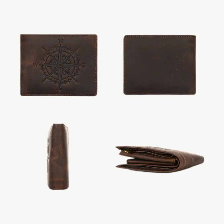 Compass Embossed Vintage Leather Wallet | RFID Blocking Crazy Horse Bifold — An Everyday Accent