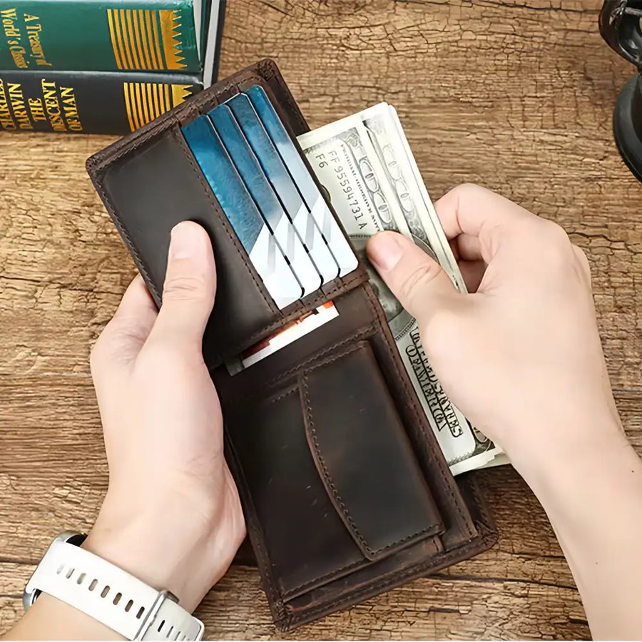 Compass Embossed Vintage Leather Wallet | RFID Blocking Crazy Horse Bifold — Styling Possibilities