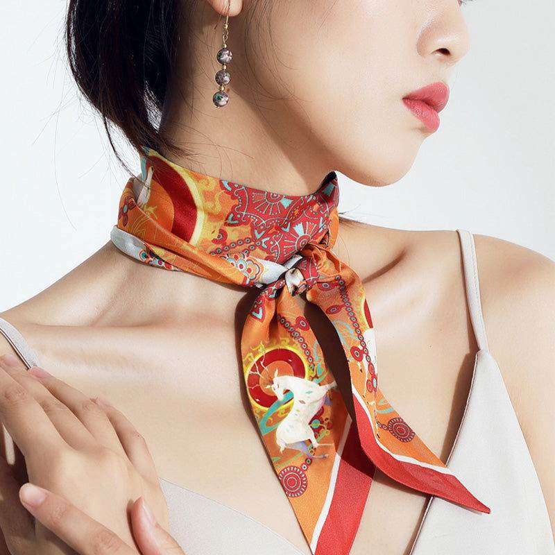 Dunhuang Designer Orange Mulberry Silk Twilly 120x5cm - EastCurated