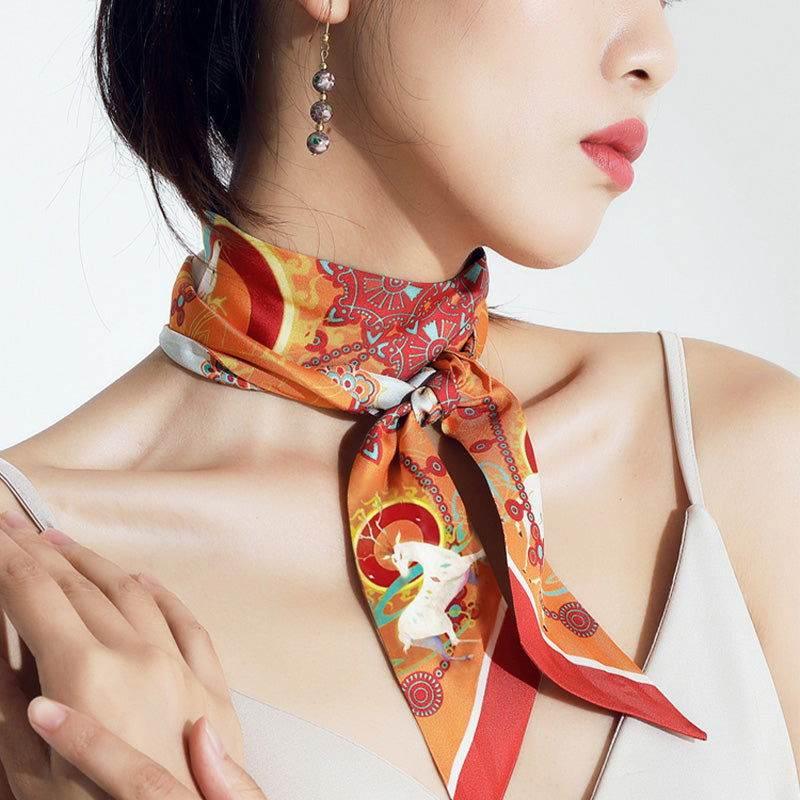 Dunhuang Designer Orange Mulberry Silk Twilly 120x5cm - EastCurated