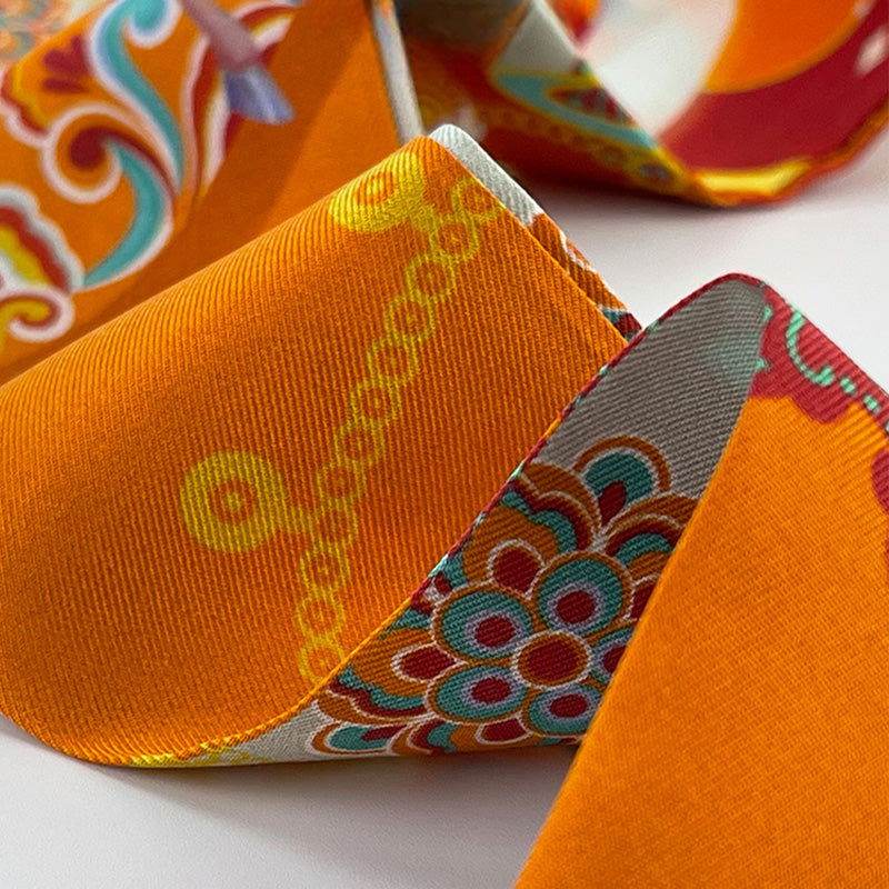 Dunhuang Designer Orange Mulberry Silk Twilly 120x5cm - EastCurated
