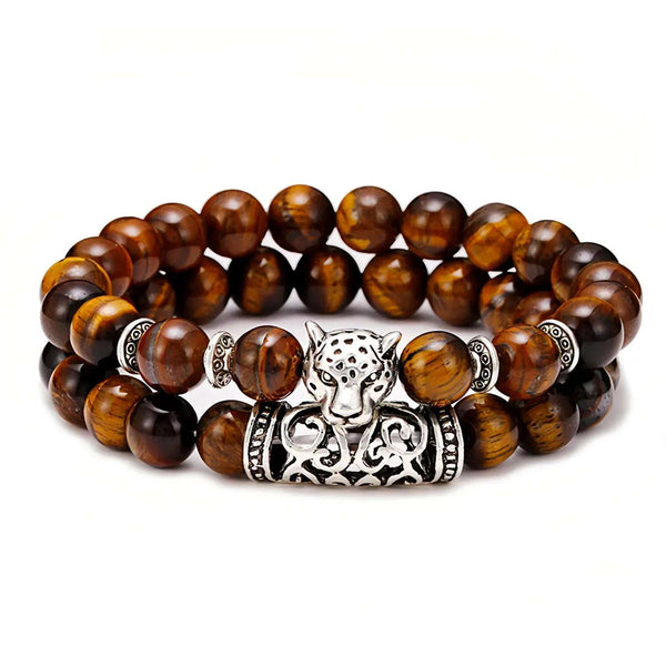 Natural Lava Stone Imitation Leopard Animal Tiger Bead Bracelet Unique 2Pcs Men