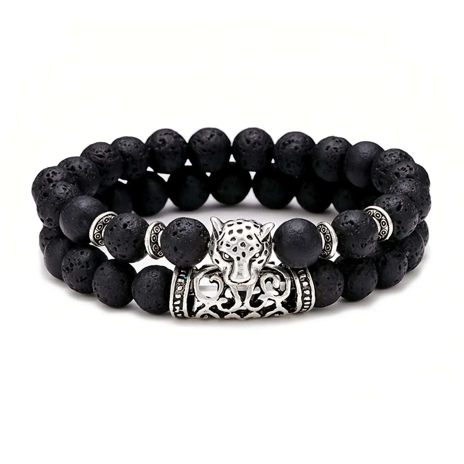 Natural Lava Stone Imitation Leopard Animal Tiger Bead Bracelet Unique 2Pcs Men