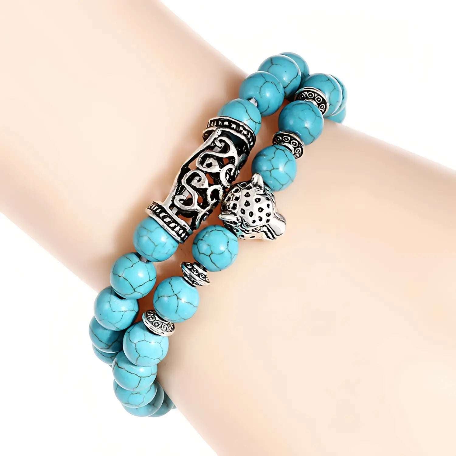 Natural Lava Stone Imitation Leopard Animal Tiger Bead Bracelet Unique 2Pcs Men