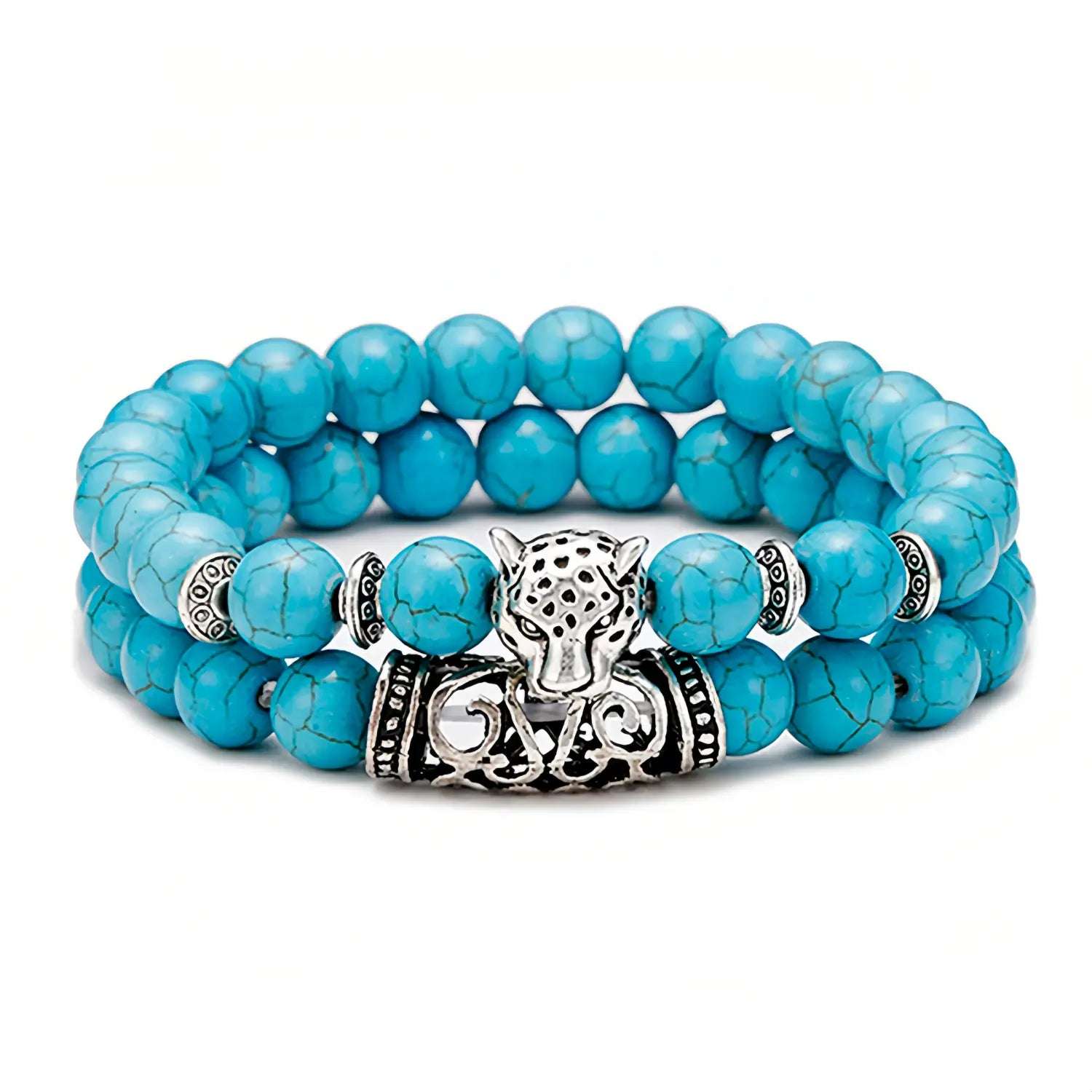 Natural Lava Stone Imitation Leopard Animal Tiger Bead Bracelet Unique 2Pcs Men
