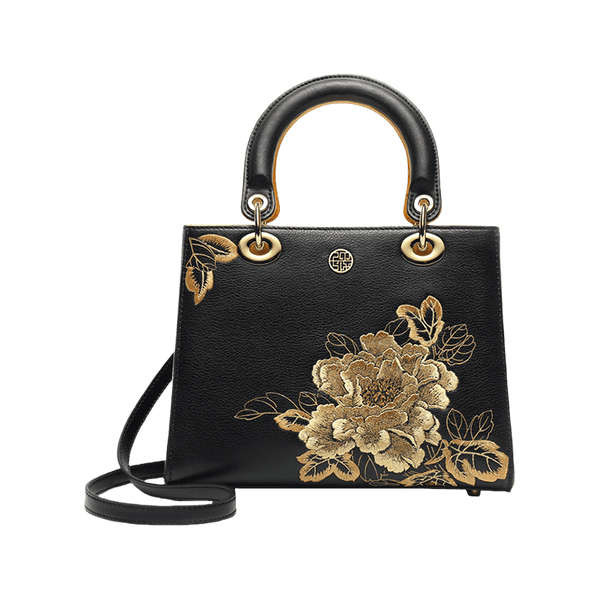 Embroidery Leather Black Lady Bag Gold Peony Luxury Handbag