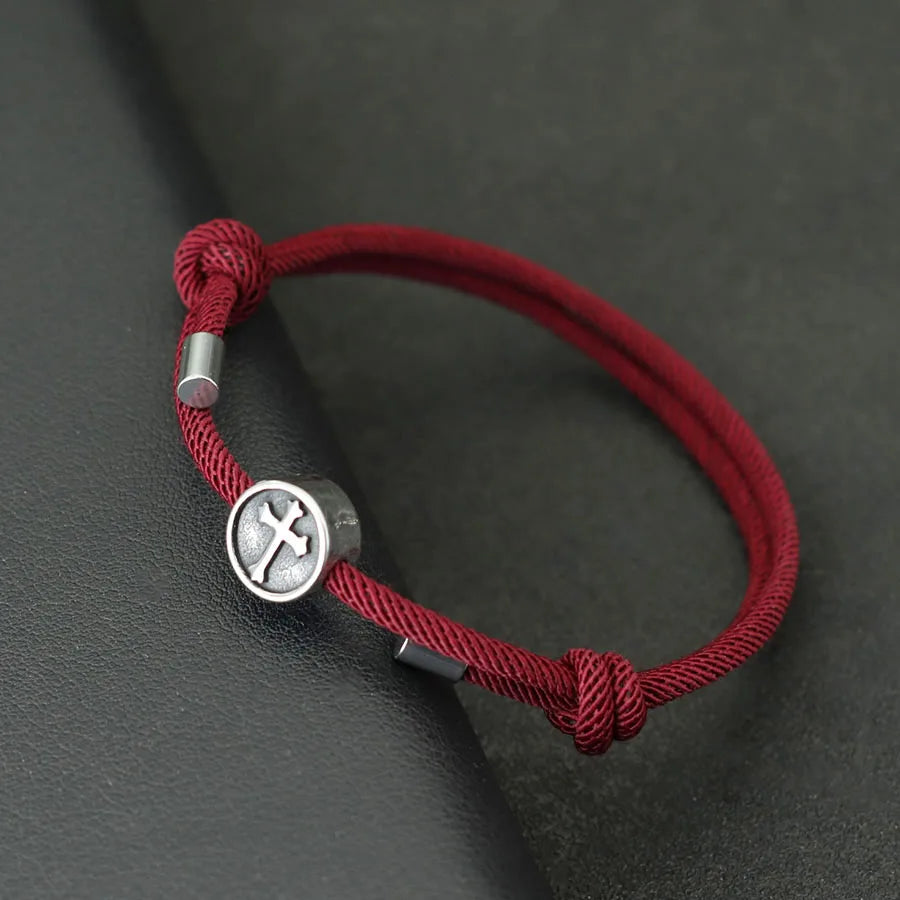 Vintage Mens Bracelet Rope Stainless Steel Viking Cross Braslet Sliding Adjustable 3mm Marine String Braclet Accessories Hombre
