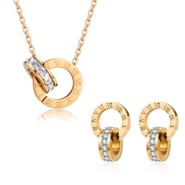 Classic Roman Numeral Crystal Stainless Steel Earrings Necklace for Women Luxury Elegant Fashion Wedding Party Jewelry Gift - EastCurated
