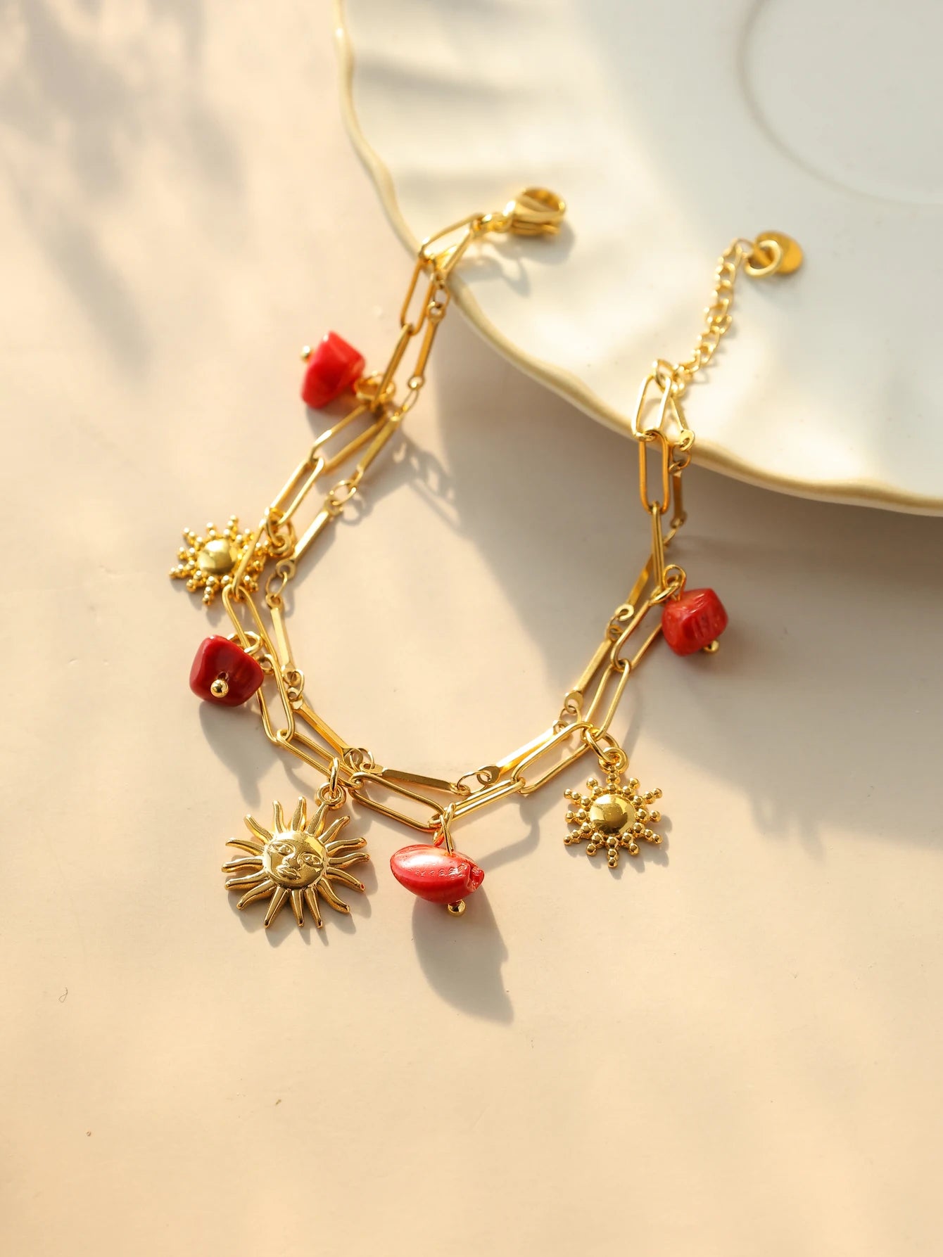 Stainless Steel Red Natural Stone Sun Pendant Double Bracelet Simple Irregular Chain Gold Women Jewelry Birthday Gift - EastCurated