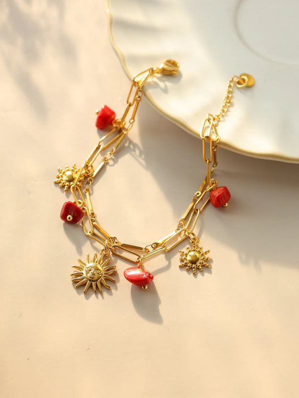 Stainless Steel Red Natural Stone Sun Pendant Double Bracelet Simple Irregular Chain Gold Women Jewelry Birthday Gift - EastCurated
