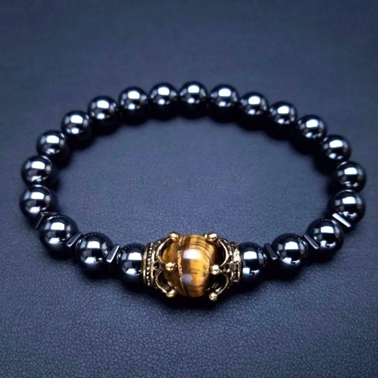HNSP Beaded Bracelet For Men Natural Stone Tiger Eye Bead Black Stone Elastic Rope Hand Chain Jewelry Accessories - EastCurated