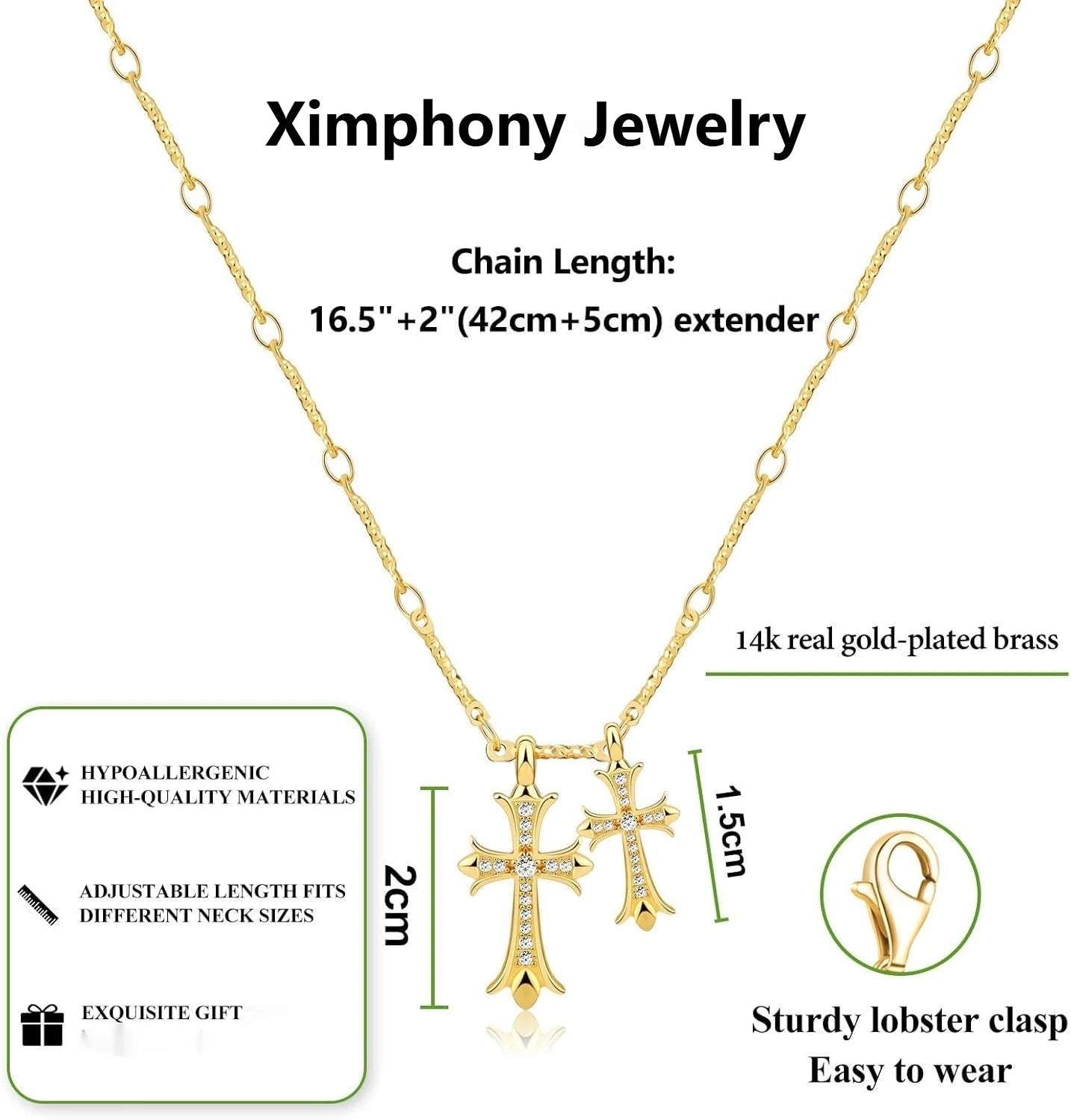Cross Necklace K Gold/Silver Plated Double Cross Pendant Necklace Diamond Cross Link Chain Jewelry Religious Gifts for Women - EastCurated