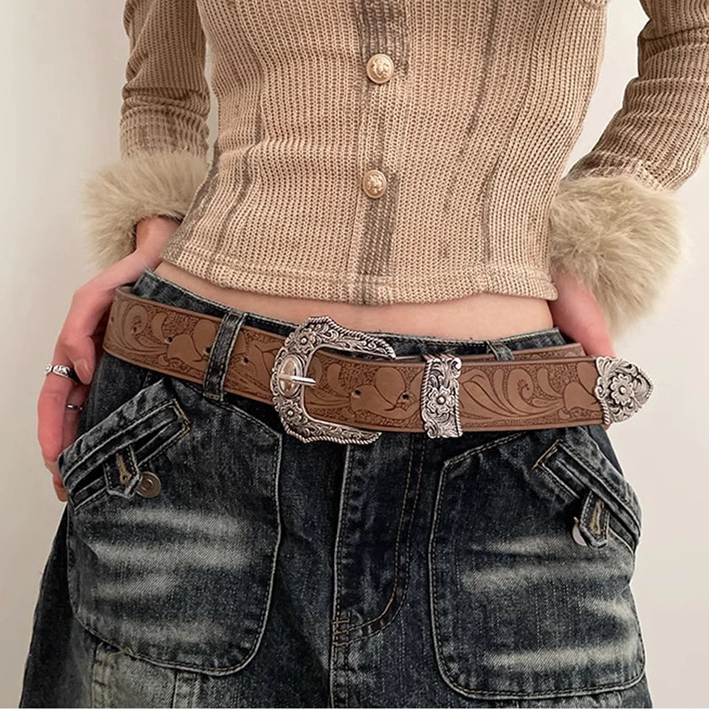 Western Brown PU Leather Vintage Belt Female Cowgirl Waist Belt with Metal Caved Buckle 3set Designer Belts For Women Jeans - EastCurated