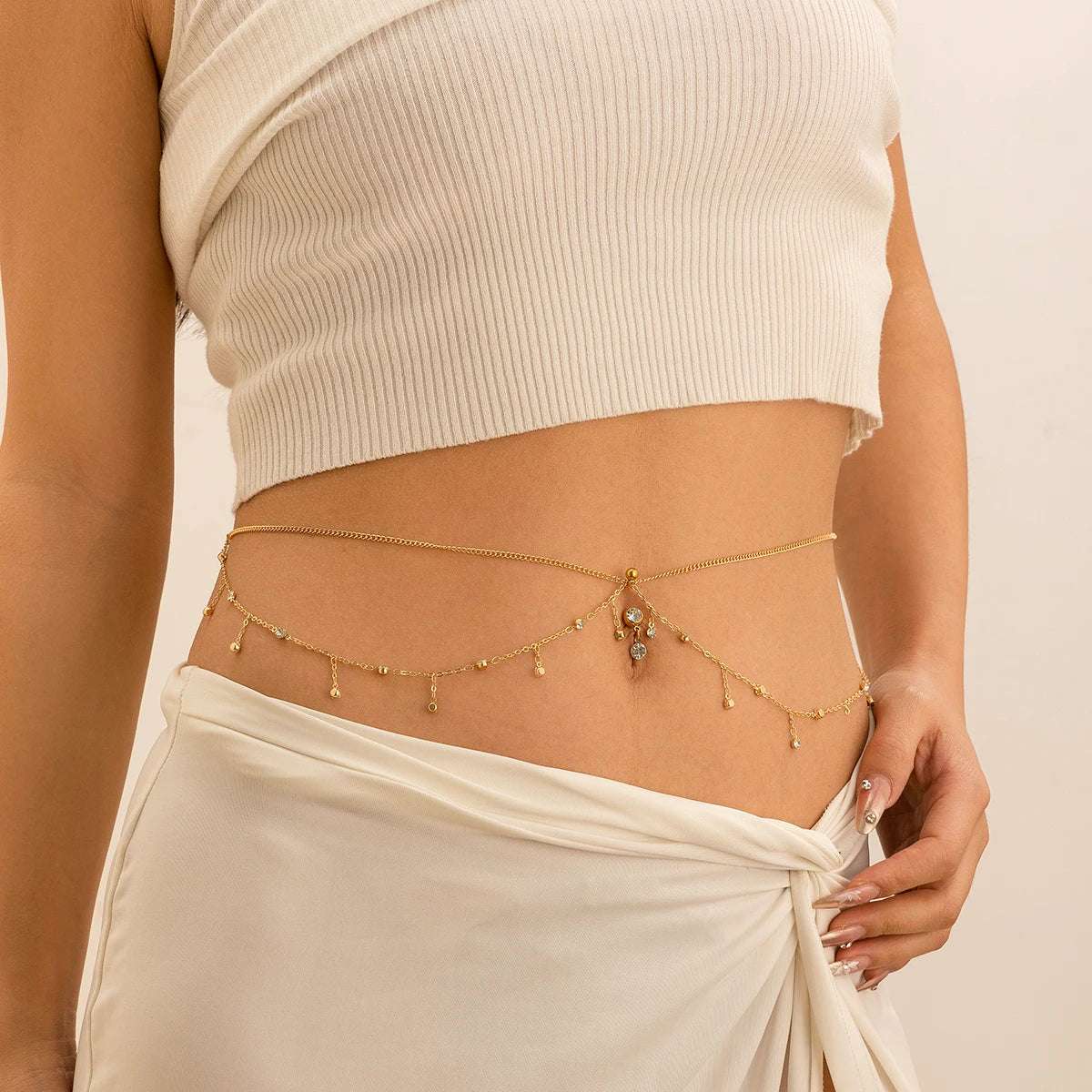 IngeSight.Z Simple Gold Color Stainless Steel Waist Chain for Women Classic Zircon Pendant Sexy Double Layer Body Chain Jewelry