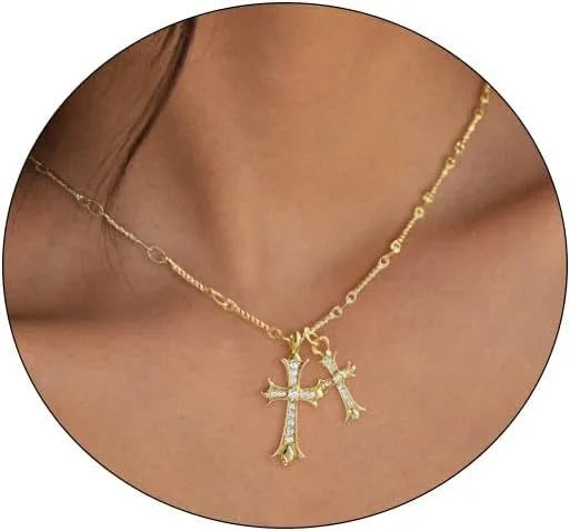 Cross Necklace K Gold/Silver Plated Double Cross Pendant Necklace Diamond Cross Link Chain Jewelry Religious Gifts for Women - EastCurated
