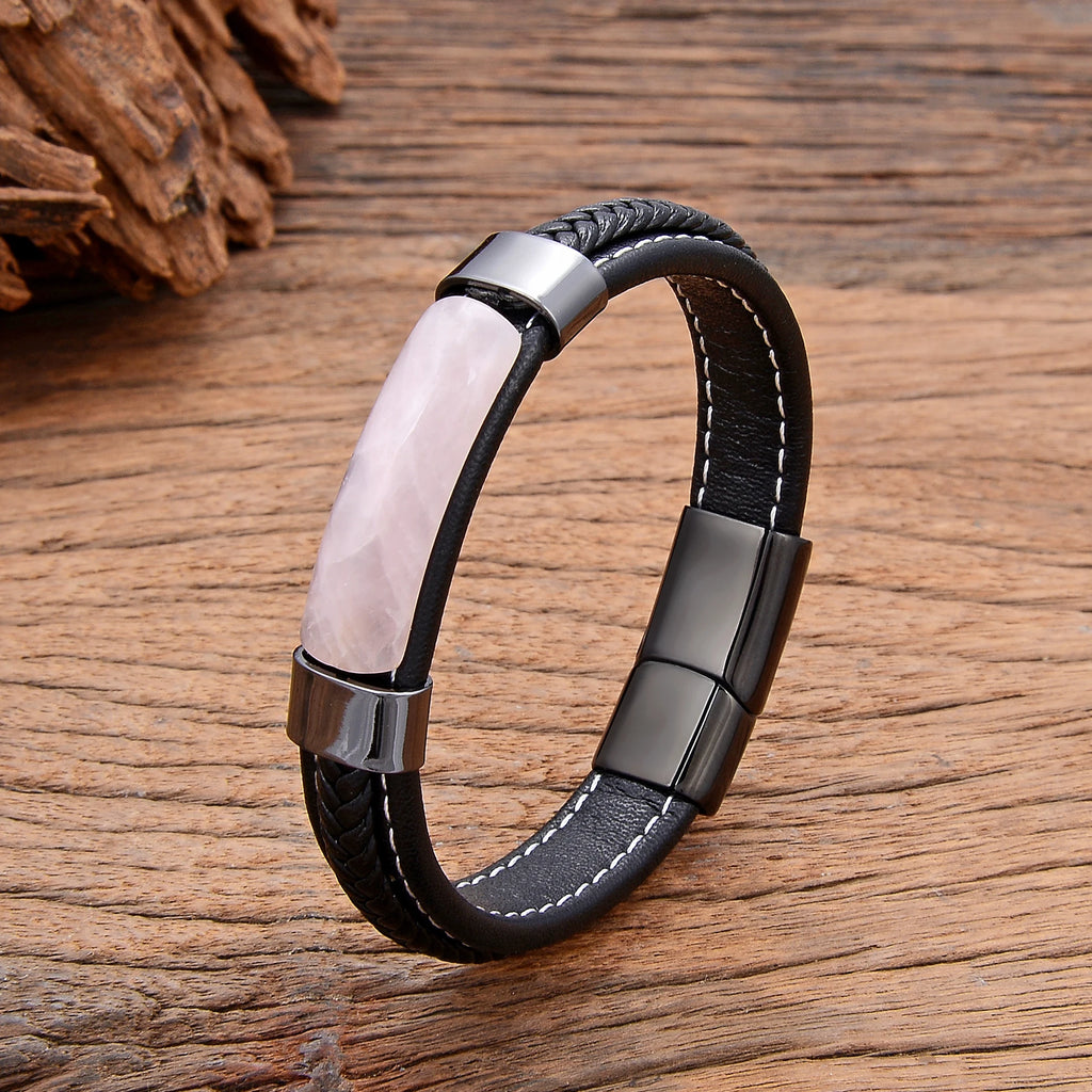 Nomad Stone & Leather Wrap | Hand-Braided Tiger Eye & Stainless Steel Bangle