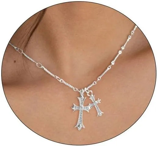 Cross Necklace K Gold/Silver Plated Double Cross Pendant Necklace Diamond Cross Link Chain Jewelry Religious Gifts for Women - EastCurated