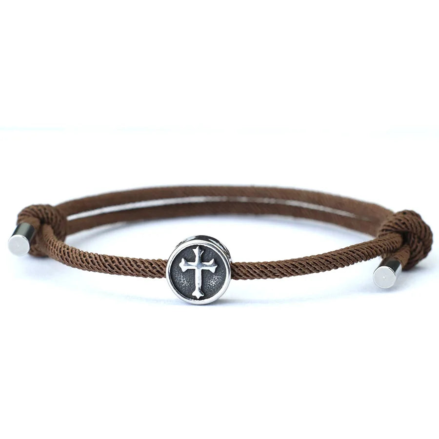 Vintage Mens Bracelet Rope Stainless Steel Viking Cross Braslet Sliding Adjustable 3mm Marine String Braclet Accessories Hombre