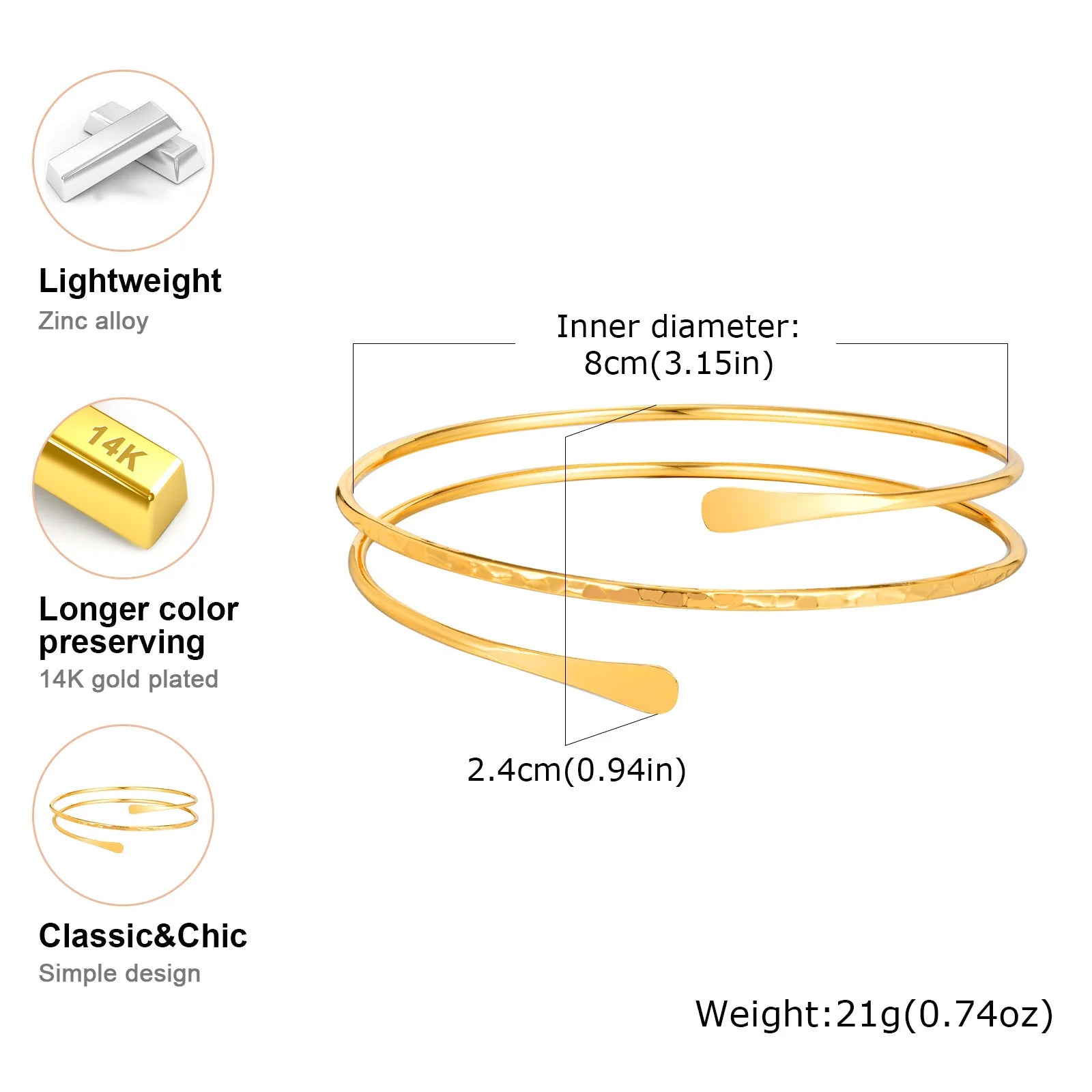 Upper Arm Cuff Bracelet for Women, Minimalist Gold Plated Armband Statement Party Armlets Jewelry - EastCurated