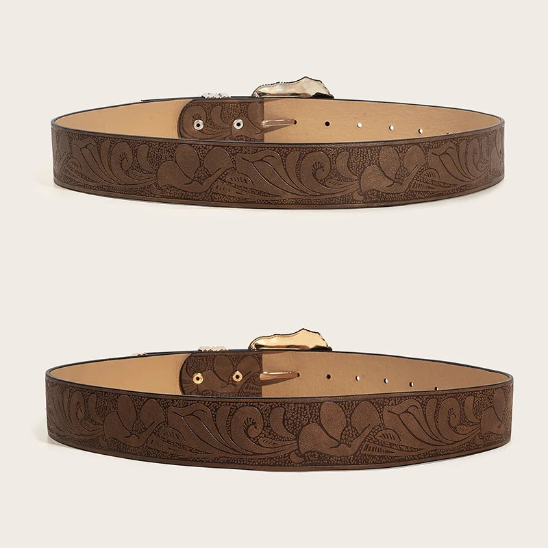Western Brown PU Leather Vintage Belt Female Cowgirl Waist Belt with Metal Caved Buckle 3set Designer Belts For Women Jeans - EastCurated
