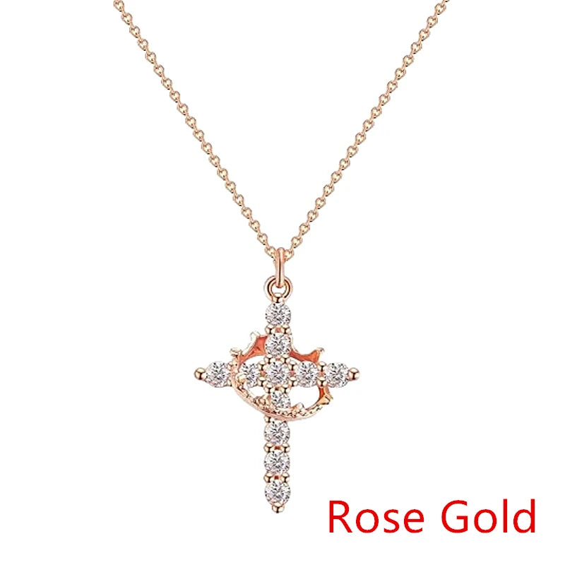 Rotatable Crown Rhinestone Cross Choker Necklace Earrings Rings for Women Minimalist Cross Chain Christian Jewelry Prayer Gift - EastCurated