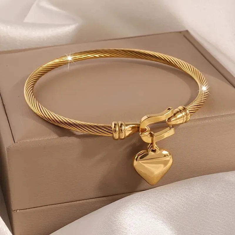 18k Gold Color Stainless Steel Heart Pendant Charm Bangle Bracelets For Men Women - EastCurated