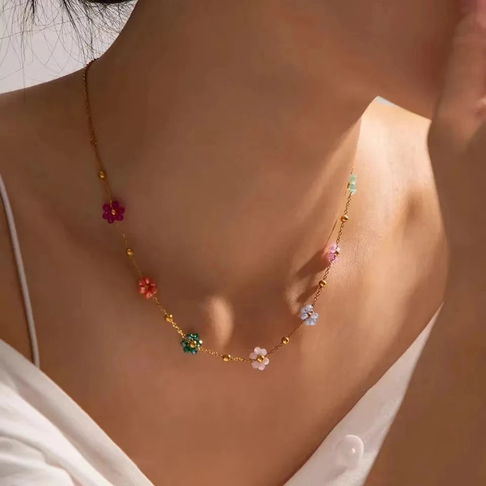Colorful Flower Chain Stainless Steel Necklace Bracelet Set Plating Waterproof Jewelry For Ins Exquisite Jewelry - EastCurated