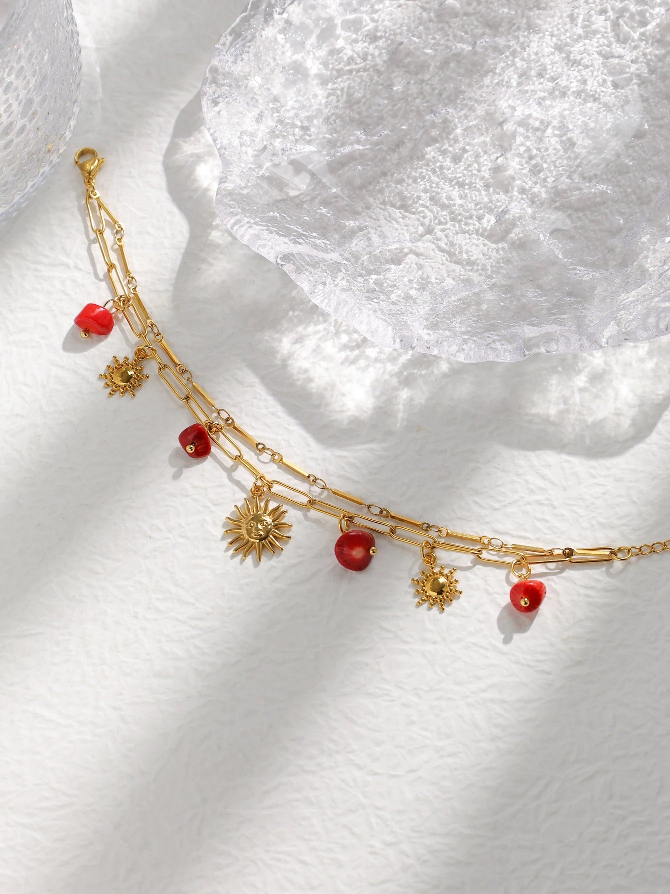 Stainless Steel Red Natural Stone Sun Pendant Double Bracelet Simple Irregular Chain Gold Women Jewelry Birthday Gift - EastCurated