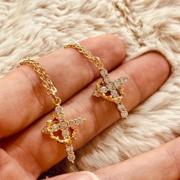 Rotatable Crown Rhinestone Cross Choker Necklace Earrings Rings for Women Minimalist Cross Chain Christian Jewelry Prayer Gift - EastCurated