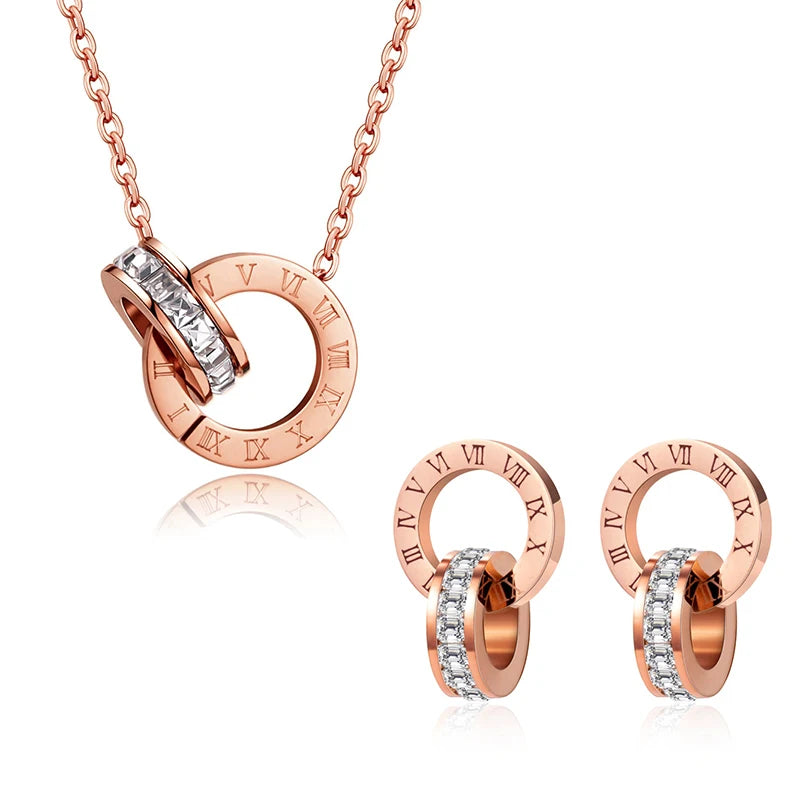 Classic Roman Numeral Crystal Stainless Steel Earrings Necklace for Women Luxury Elegant Fashion Wedding Party Jewelry Gift - EastCurated