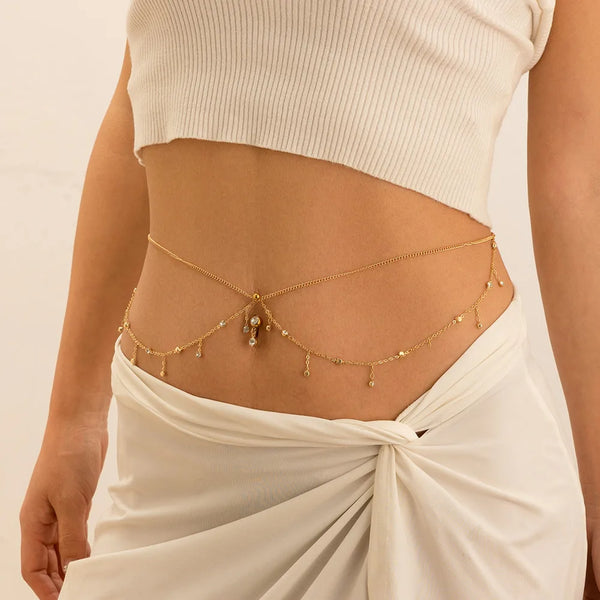 IngeSight.Z Simple Gold Color Stainless Steel Waist Chain for Women Classic Zircon Pendant Sexy Double Layer Body Chain Jewelry