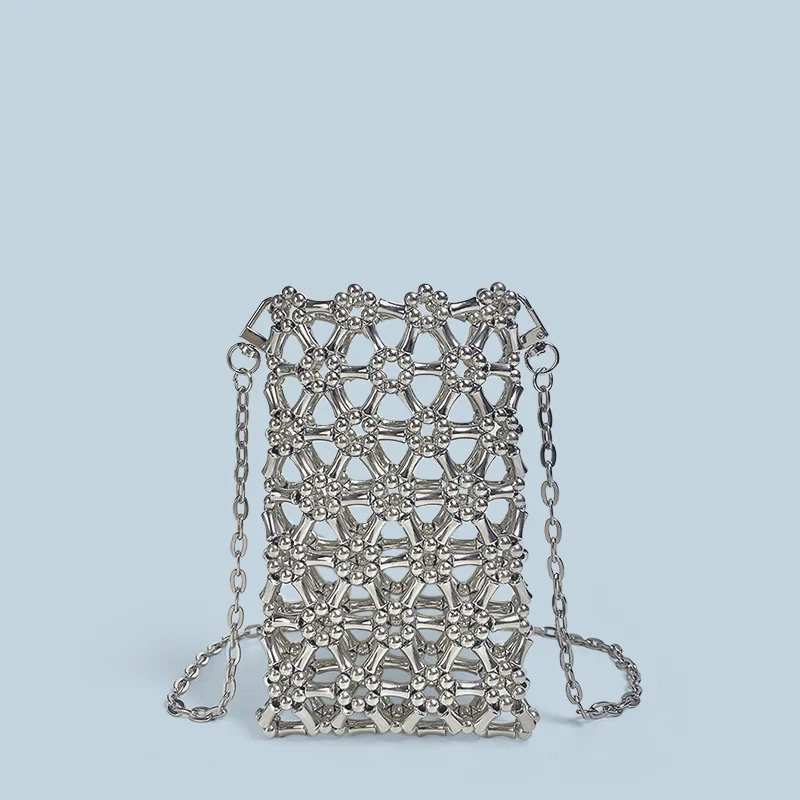 Bamboo Bead Crossbody Bag, Small Capacity, Handmade Bead Hollow Weaving Finished Product, Vertical Phone Bag, New