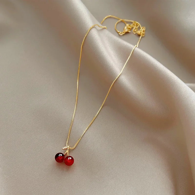 Little Wine Red Cherry Pendant Necklaces For Women Fashion Personality Fruit Golden Chain Necklace Party Jewelry Birthday Gifts - EastCurated