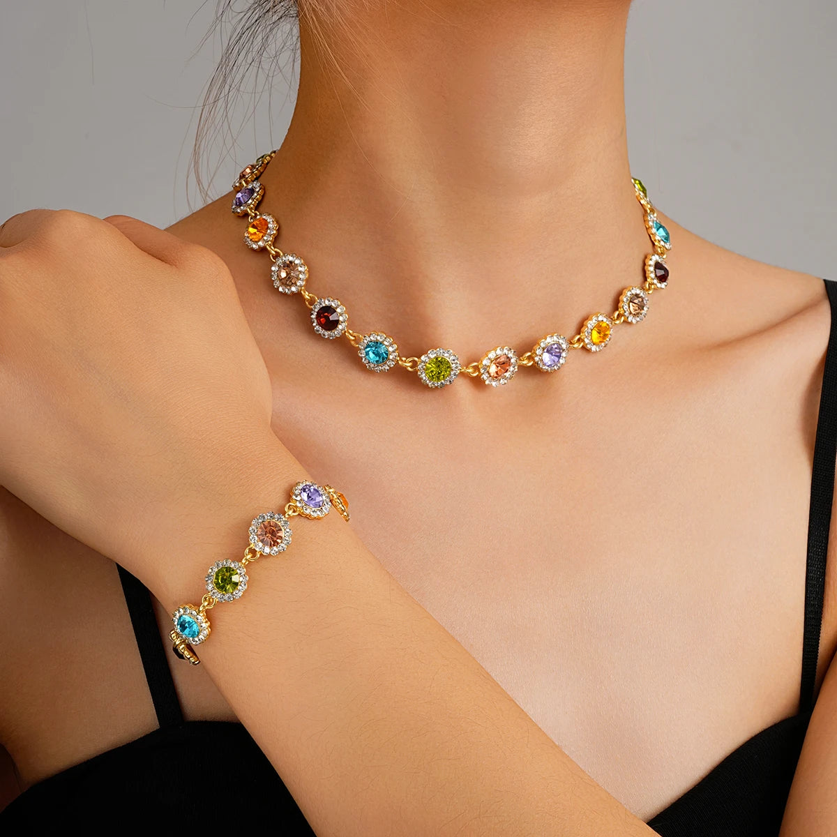 Korean Style Colorful Crystal Choker Necklace Bracelet for Women Sparkly Rhinestone Clavicle Chain Bracelet Fashion Jewelry