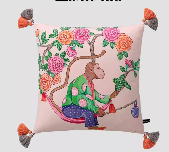 White Moneky Cushion Cover Soft Velvet Pillowcase Both Side Print Animal Cute Chinese Style Pillowcase Shell 60cm Home Sofa Deco - EastCurated