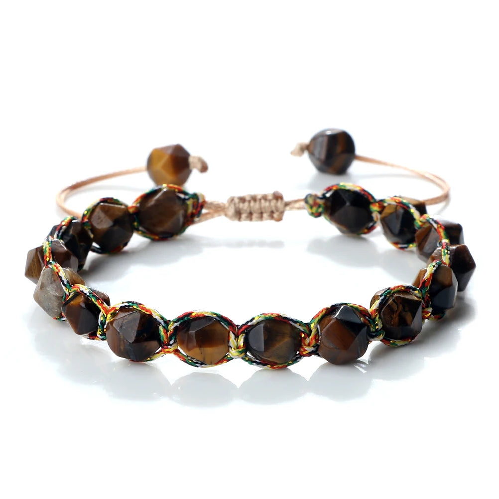 Bohemian Bracelets 8mm Tiger Eye Stone Agates Beads Cut Surface Bangle Handmade Adjustable Weave Bracelet Women Men Yoga Jewelry - EastCurated