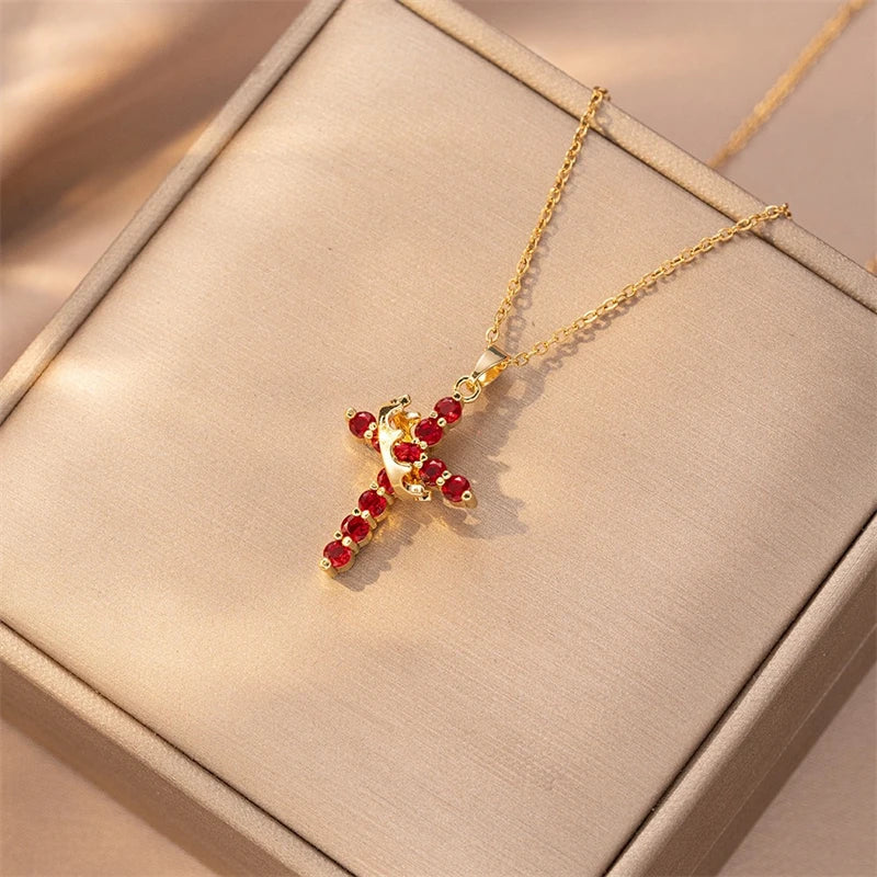 Rotatable Crown Rhinestone Cross Choker Necklace Earrings Rings for Women Minimalist Cross Chain Christian Jewelry Prayer Gift - EastCurated