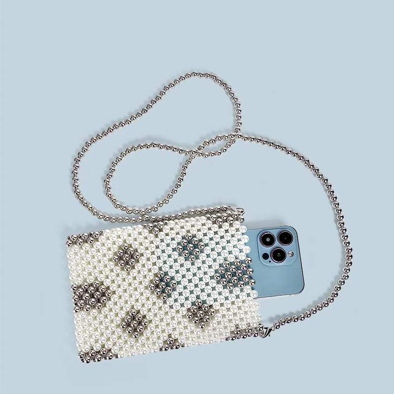 Handmade Beaded Bag for Women, New Style, Graceful, Small Fresh Pearl Phone Bag, Single Shoulder Crossbody Bag, 2024