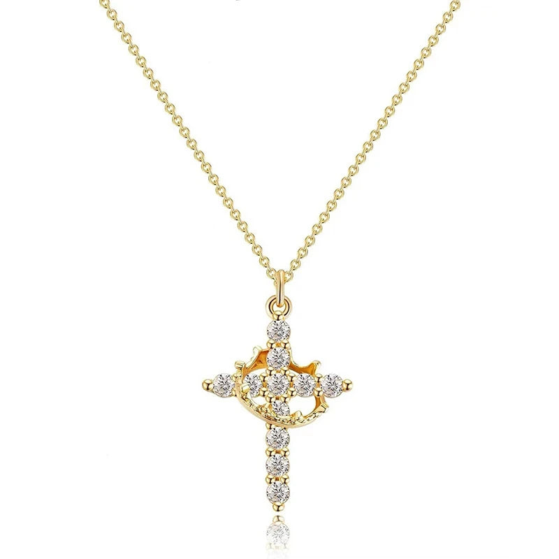 Rotatable Crown Rhinestone Cross Choker Necklace Earrings Rings for Women Minimalist Cross Chain Christian Jewelry Prayer Gift - EastCurated