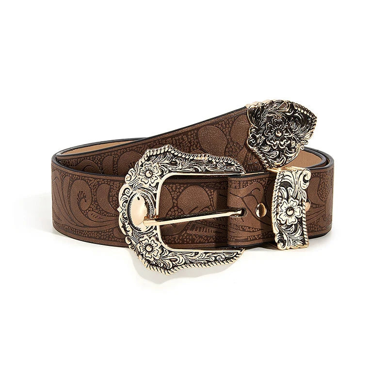 Western Brown PU Leather Vintage Belt Female Cowgirl Waist Belt with Metal Caved Buckle 3set Designer Belts For Women Jeans - EastCurated