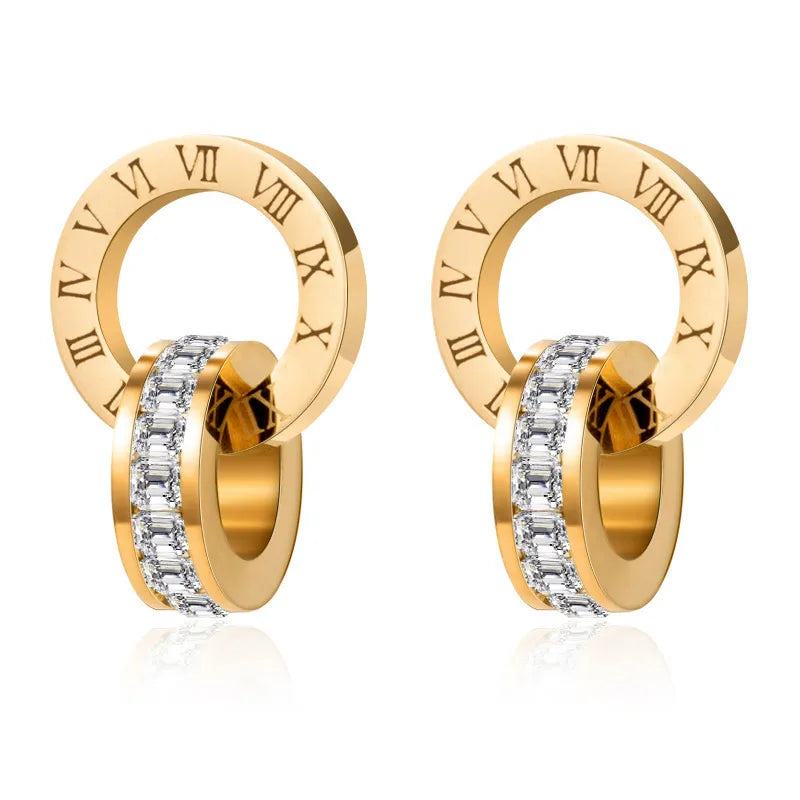 Classic Roman Numeral Crystal Stainless Steel Earrings Necklace for Women Luxury Elegant Fashion Wedding Party Jewelry Gift - EastCurated