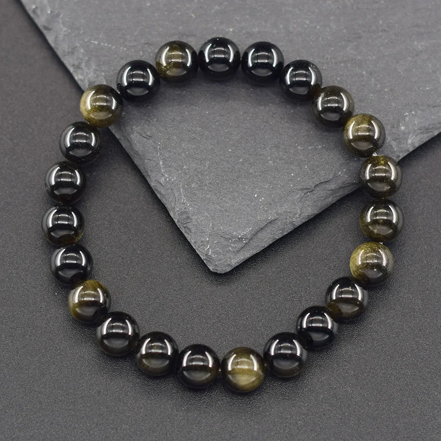 Natural Golden Obsidian Stone Beads Bracelet Men Women Golden Light Rainbow Obsidian Tourmaline Wealth Money Round Jewelry Gift - EastCurated