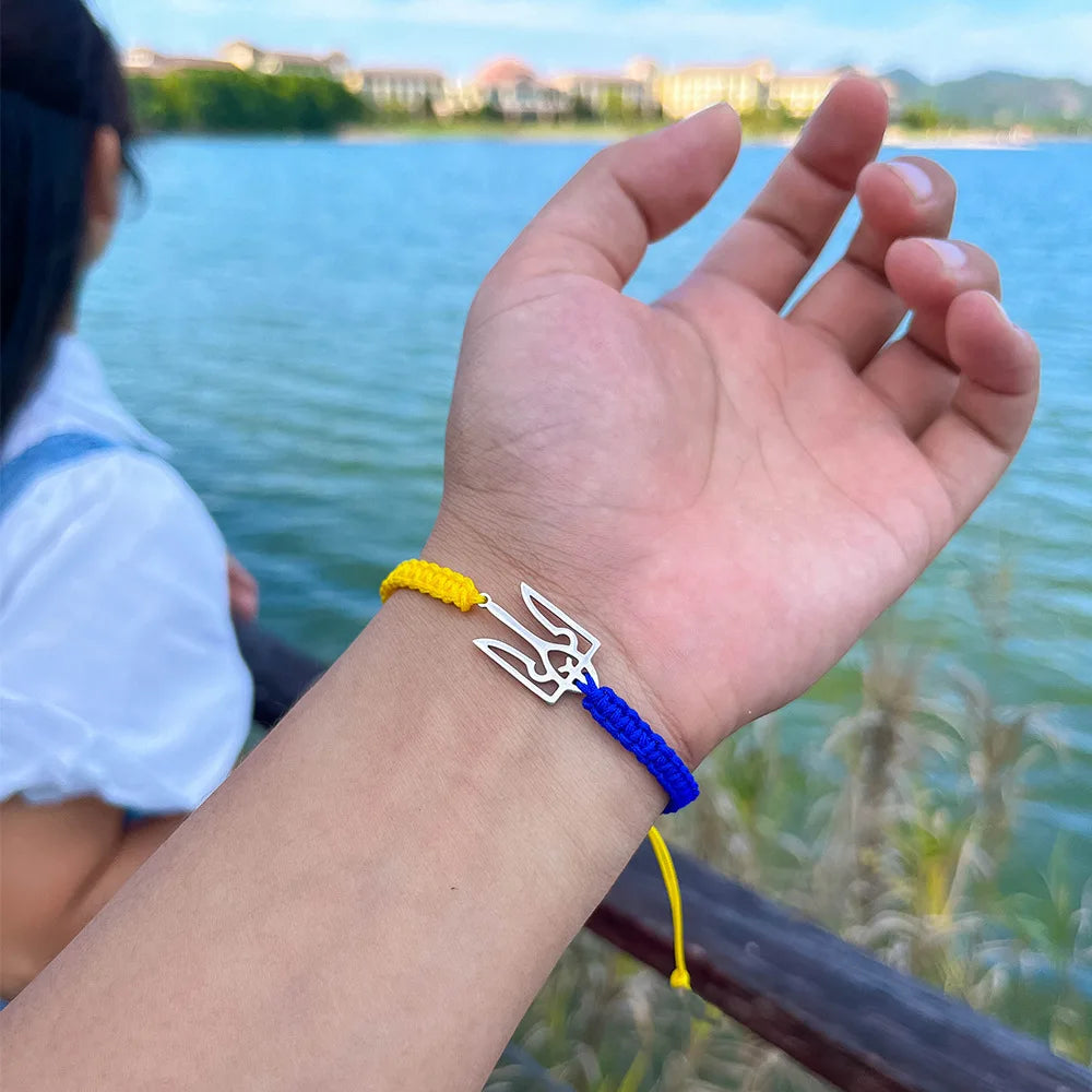 Ukraine National Emblem Trident Symbol Charms Bracelet for Women Men Ukrainian Flag Yellow Blue Rope Wristband Handmade Jewelry - EastCurated