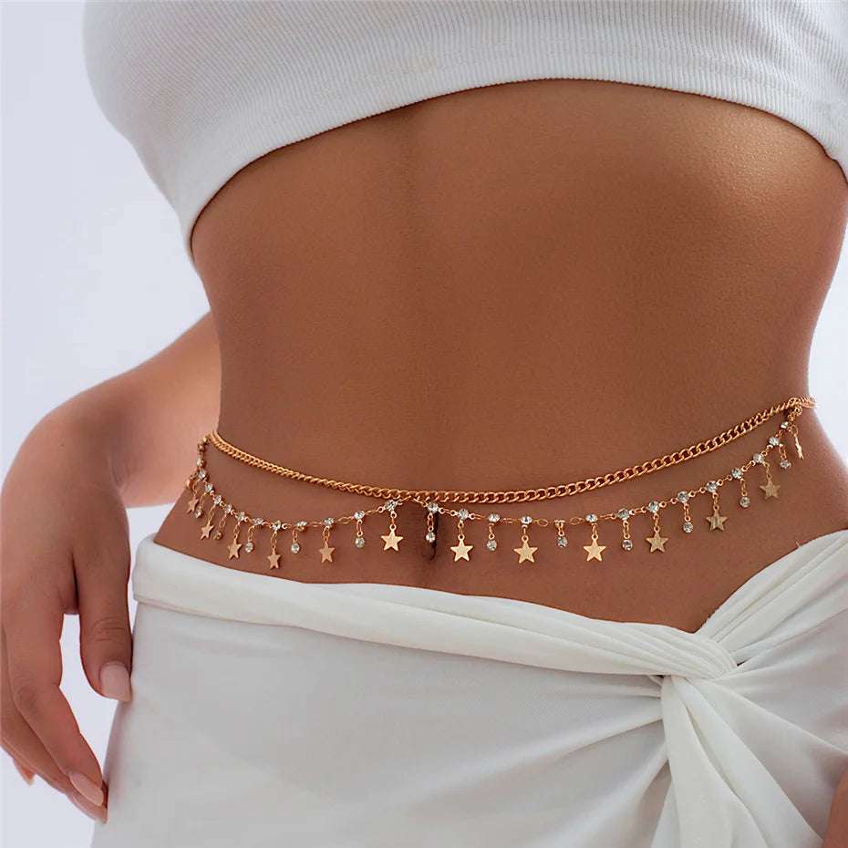 Ingemark Sexy Rhinestone Star Tassel Pendant Waist Belly Belt Chain for Women Summer Bikini Rave Body Jewelry Y2K Accessories