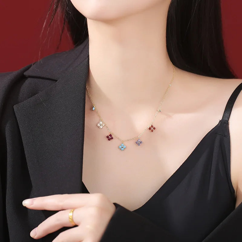 925 Sterling Silver Colorful AAA CZ Gold Color Clover Necklace Elegant Pendant Jewelry for Women Valentine's Day Gift - EastCurated