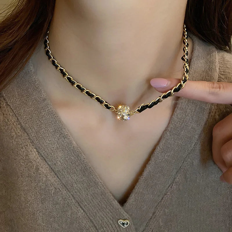 Leather Wrapped Rhinestone Magnetic New in Pendant Necklaces for Women French Niche Design Charms Cool Collars Jewelry Wholesale - EastCurated